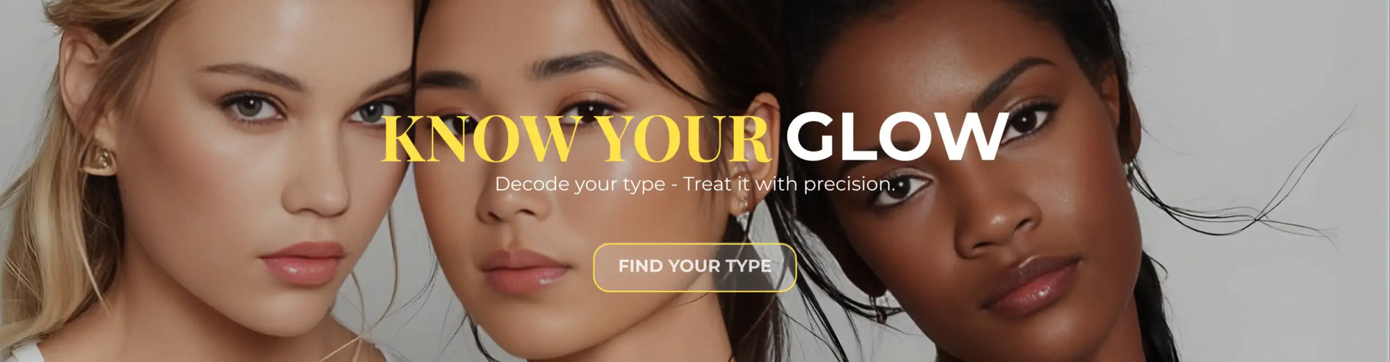 The advertisement features three women with diverse skin tones and makeup, promoting a beauty product line under the brand name ’know your glow.’