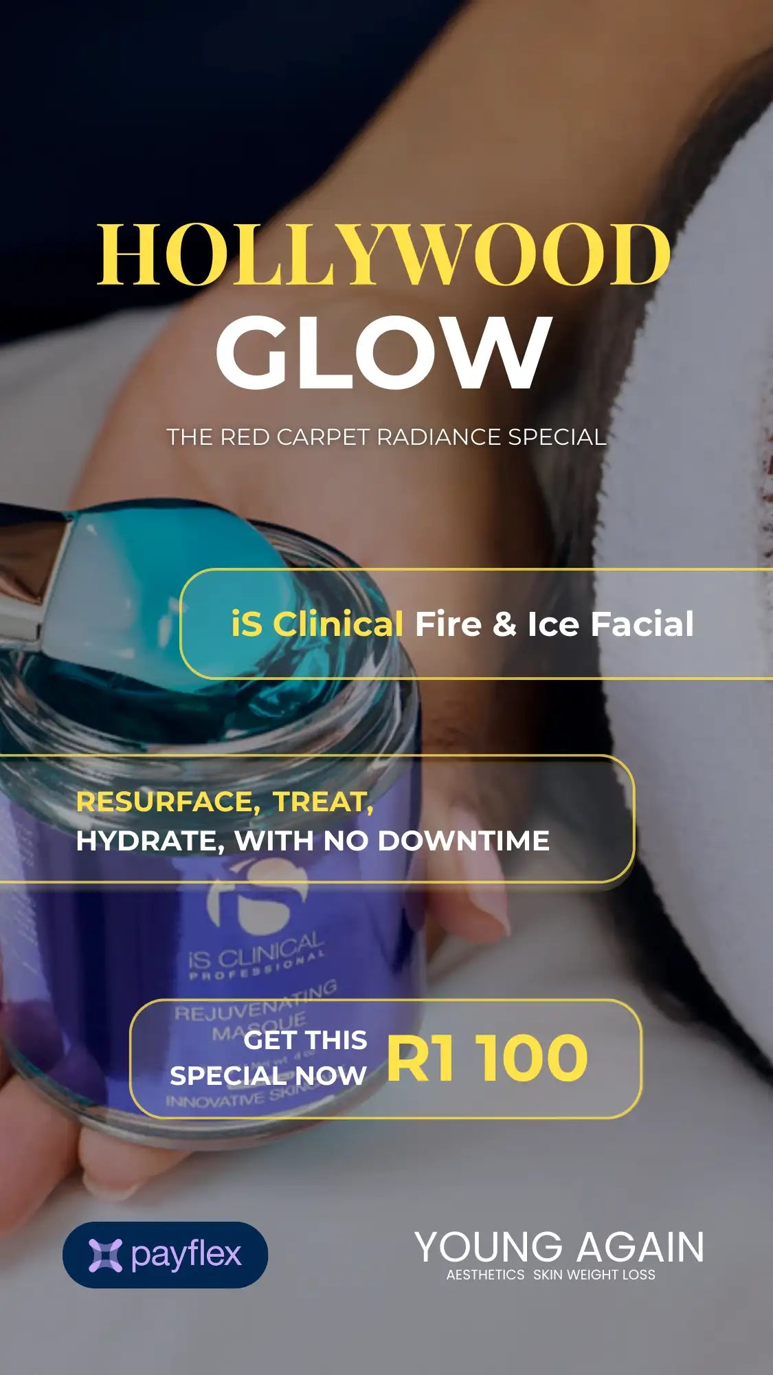 A blue glass jar containing a gel-like substance, labeled as the ’is clinical fire & ice facial’ treatment.
