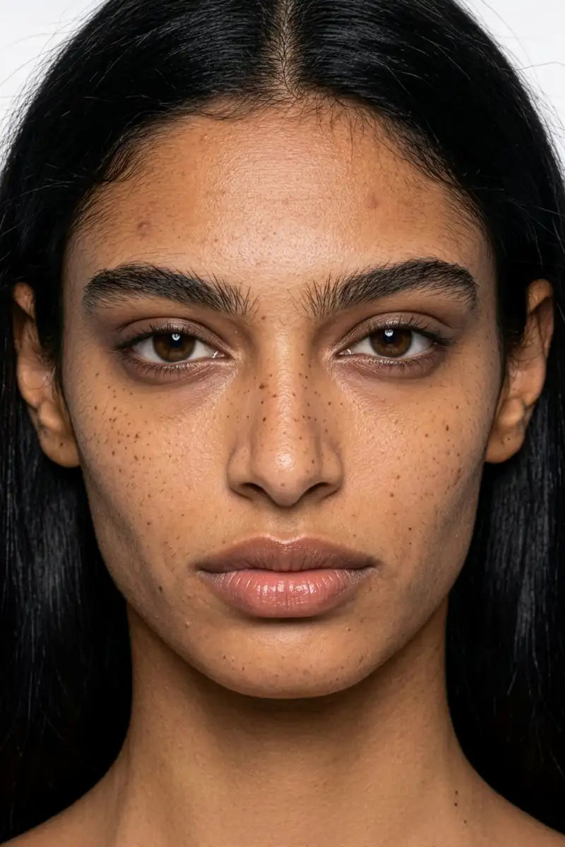 A close-up portrait of a woman with dark, straight hair and natural skin tone featuring freckles across her nose and cheeks.