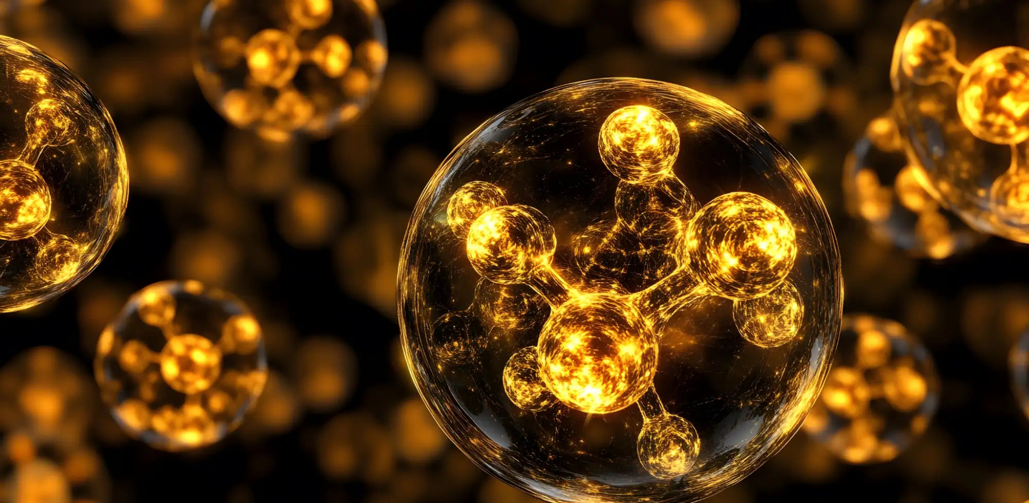 Golden molecular structures enclosed in transparent spheres float against a dark background.