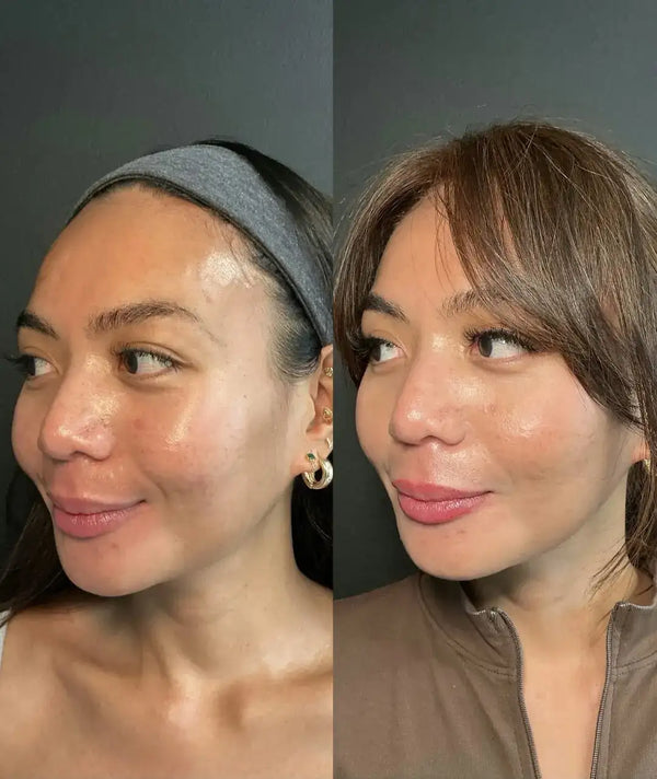 Gray fabric headband worn by a woman with dark hair.