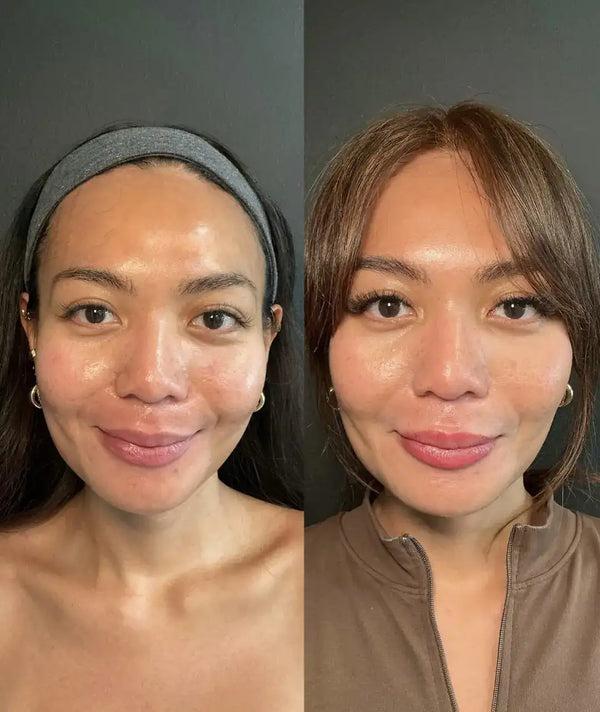 Gray headband worn by a woman with dark hair.
