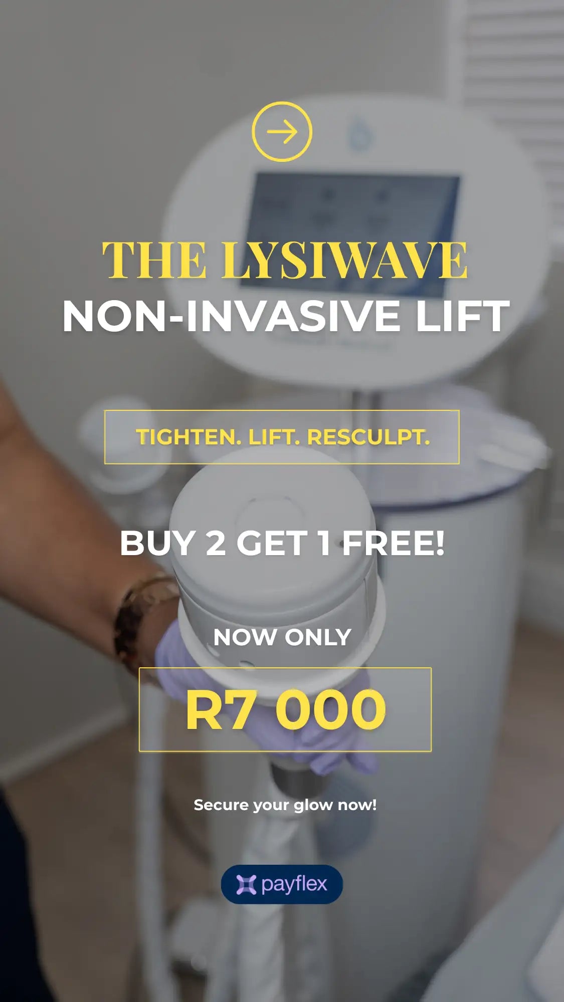 The lysiwave non-invasive lift device, a sleek white medical-grade machine with a digital display and smooth cylindrical body.